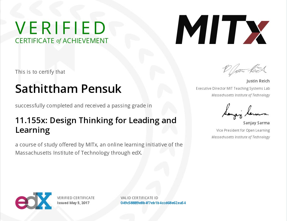 ประกาศนียบัตร จาก MITx ในหลักสูตร Design Thinking for Leading and Learning